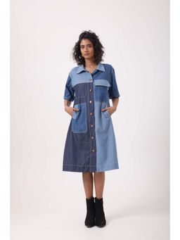 September Spring - Mixed Denim Patch Pocket Dress - Blue