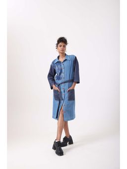 September Spring - Rugged Dark Denim Shirt Dress with Belt - Blue