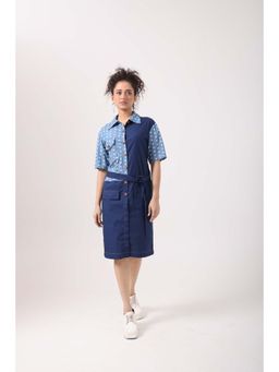 September Spring - Flower Denim Panel Dress with Belt - Blue