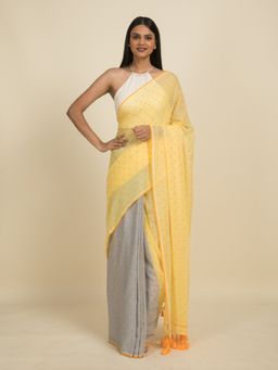 Suta - Grey and Yellow Polka Doted Cotton Saree
