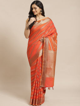 Indethnic - Banarasi Rust Stripes Daily Wear Saree With Unstitched Blouse