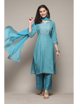 Biba - Embroidery Turquoise Kurta & Palazzo (Set of 3)