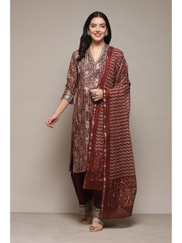 Biba - Chanderi Embellished Maroon Kurta & Palazzo (Set of 3)