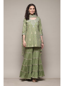 Biba - Embroidery Sap Green Kurta & Sharara (Set of 3)