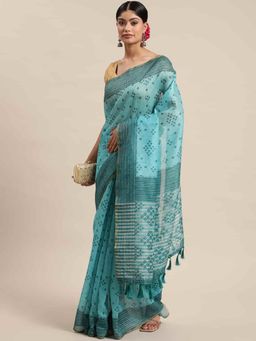 Silk Land - Bandhani Digital Printed Saree with Unstiched Blouse Piece Turquoise with Unstitched