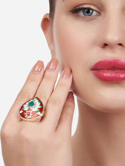 Zaveri Pearls - Red & Green Meenakari Floral Design Ethnic Ring-ZPFK13181