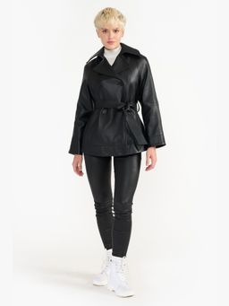 Perona - Harlowe Women Black Leather Full Sleeves Jacket with Belt