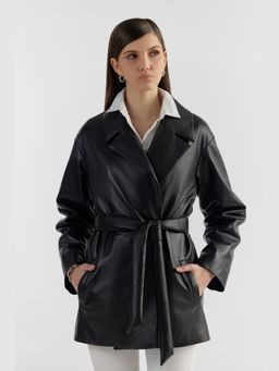 Perona - Heidi Women Black Leather Full Sleeves Jacket with Belt