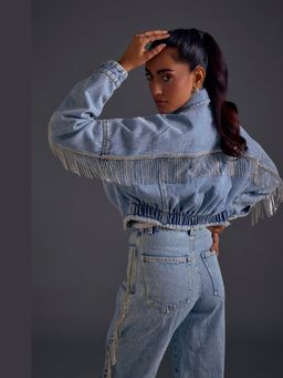 The Clothing Factory - Rhinestone Embellished Oversized Unisex Denim Blue Jacket