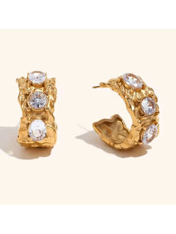 Nam Jewels - Sculpted Crystal Hoops Earrings - Thick 18K Gold-Plated , Gold