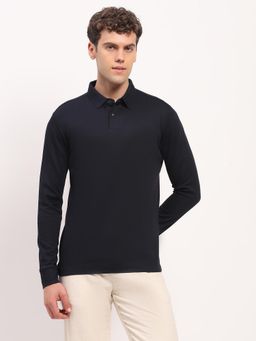 Global Republic - Men Navy Blue Cotton Spandex Solid Collar T-shirt