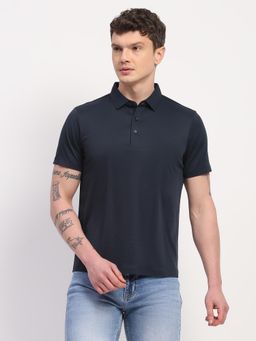 Global Republic - Men Navy Blue Nylon Spandex Textured Polo Neck T-shirt