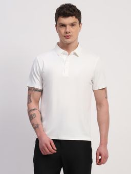 Global Republic - Men White Nylon Spandex Textured Polo Neck T-shirt