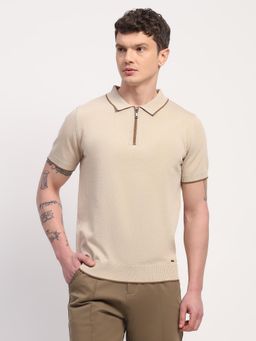 Global Republic - Men Beige Viscose Blend Solid Polo Neck T-shirt