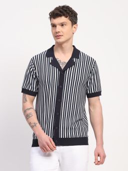 Global Republic - Men Black Viscose Blend Striped Shirt