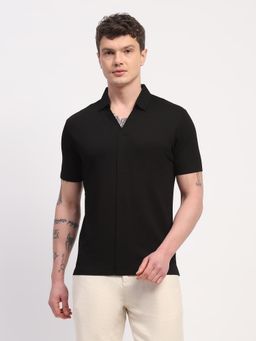 Global Republic - Men Black Viscose Blend Self Textured Polo Neck T-shirt