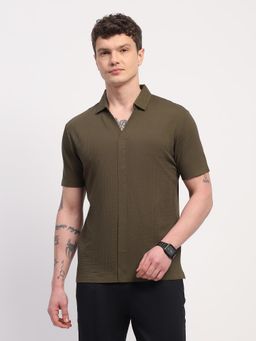 Global Republic - Men Olive Viscose Blend Self Textured Polo Neck T-shirt