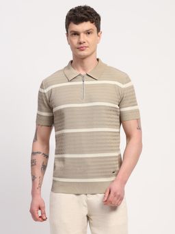 Global Republic - Men Beige Viscose Blend Polo Neck T-shirt
