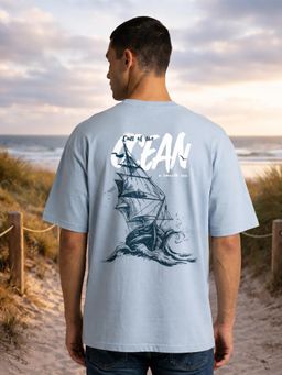 Nobero - Men Blue Oversized Graphic Printed T-shirt