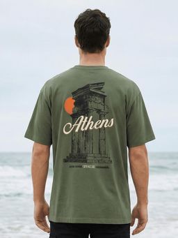 Nobero - Men Olive Oversized Graphic Printed T-shirt