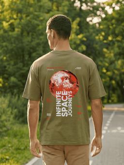 Nobero - Men Olive Oversized Graphic Printed T-shirt