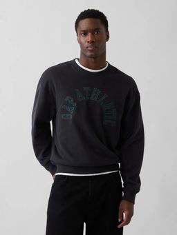 GAP - Men Black Embroidered Crew Neck Drop-Shoulder Sweatshirt