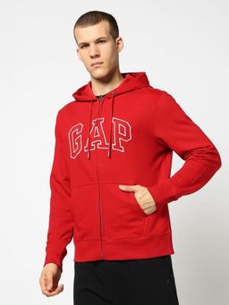 GAP - Men Red Embroidered Logo Zip-Front Hoodie