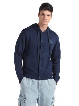 Flying Machine - Men Navy Blue Solid Hooded Full Sleeves Sweatshirt