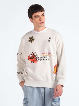 Flying Machine - Men Cream Graphic Printed Oversized Sweatshirt
