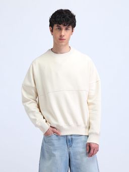 Flying Machine - Men White Solid Pure Cotton Oversized Sweatshirt
