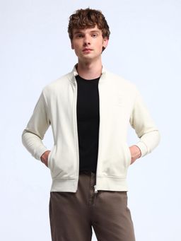 Flying Machine - Men Off White Solid High Neck Zipper Sweatshirt