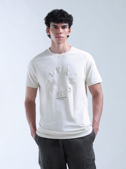 Flying Machine - Men Off White Brand Embossed Pure Cotton T-shirt