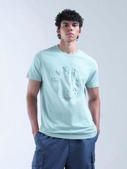 Flying Machine - Men Blue Brand Embossed Pure Cotton T-shirt