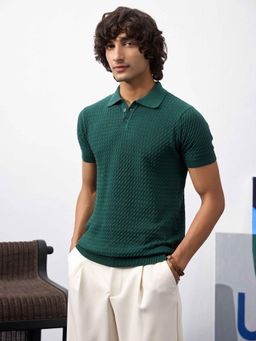 UNSTD - Men Green Regular Fit Textured Polo T-shirt