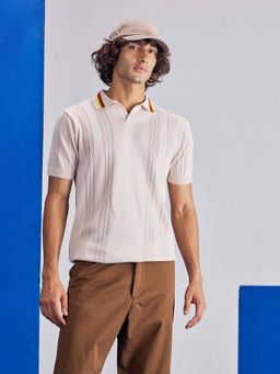 UNSTD - Men Off White Self Design Regular Fit Polo T-shirt