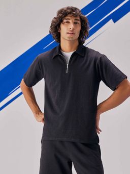 UNSTD - Men Black Regular Fit Zipper Polo T-shirt
