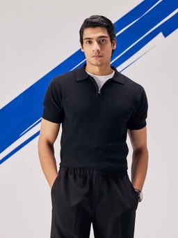 UNSTD - Men Black Plus Size Cotton Textured Polo T-shirt