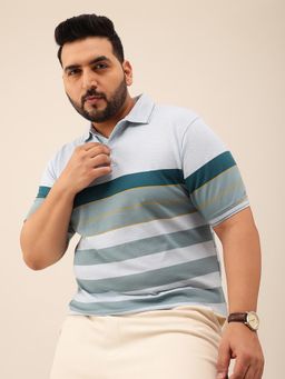 UNSTD - Men Teal Plus Size Stripes Cotton Polo T-shirt