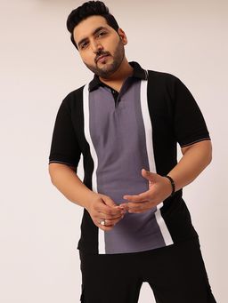 UNSTD - Men Black-Purple Plus Size Colorblock Cotton Polo T-shirt