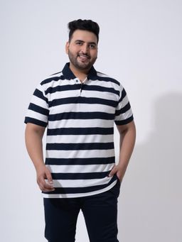 UNSTD - Men Navy Blue-White Plus Size Cotton Polo T-shirt