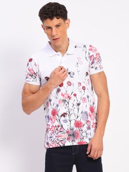 Global Republic - Men White Cotton Floral Printed Polo Neck T-shirt