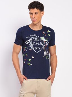 Global Republic - Men Navy Blue Cotton Embroidered Crew Neck T-shirt