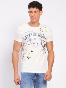 Global Republic - Men Off White Cotton Embroidered Crew Neck T-shirt