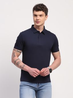 Global Republic - Men Navy Blue Cotton Blend Solid Polo Neck T-shirt