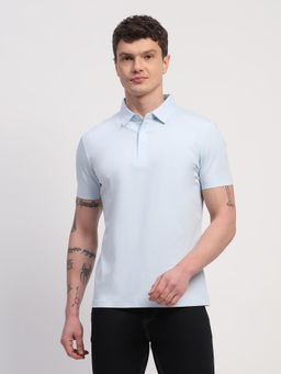 Global Republic - Men Blue Cotton Blend Solid Polo Neck T-shirt