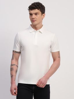 Global Republic - Men White Cotton Blend Solid Polo Neck T-shirt