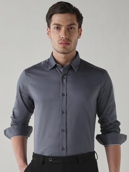 Reid & Taylor - Men Grey Solid Full Sleeves Shirt