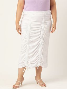 theRebelinme - Plus Size Womens White Solid Color Pleated Detail Midi Skirt