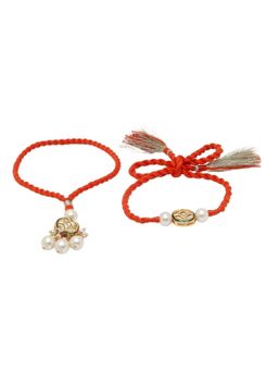 Dugran By Dugristyle - Orange Bhaiya Bhabhi Rakhi With Kundan, Pearls With Roli And Chawal