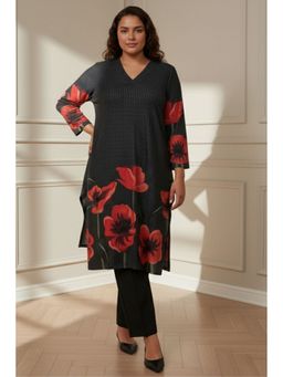 Amydus - Plus Size Floral Borders Snug Weave Winter Black Kurta
